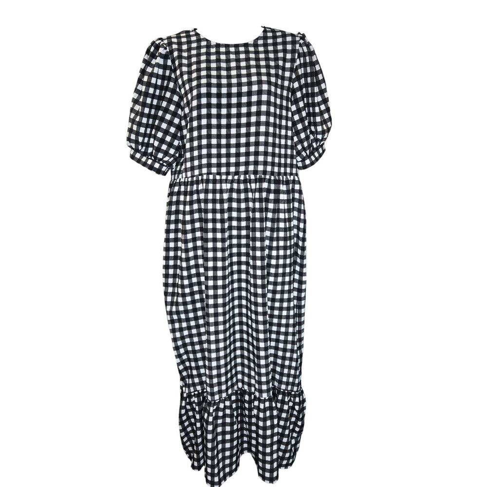 Urban Bliss Wom 8 Short Sleeve Plaid Ruffle Tier Midi Dress Cottagecore Prairie